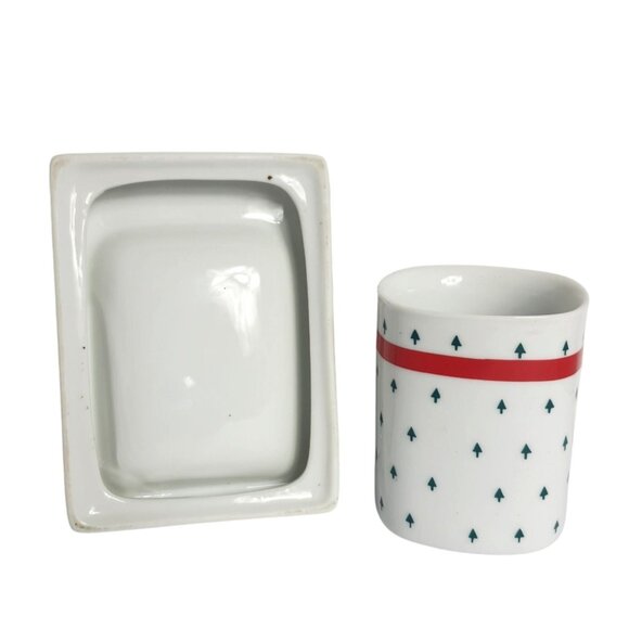 Vtg Christmas Soap Dish Cup Ceramic Set Prestige Japan Tree Red Bow 80s Retro - Picture 2 of 4